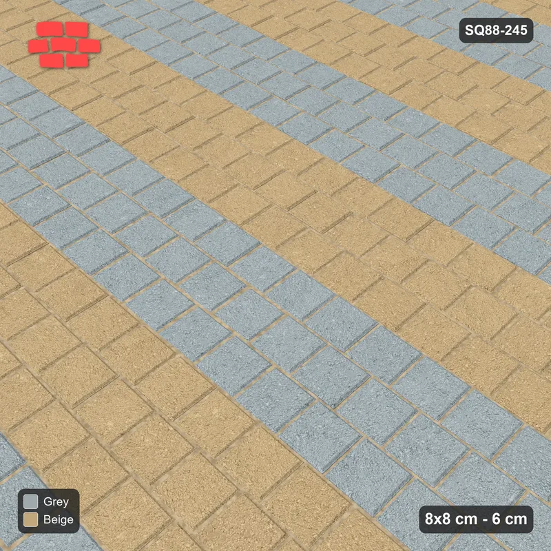 Interlock (Pasco) 8x8 cm · SQ88-245 · Third-Offset Running Bond Even Two-Tone Course Bands in Kerb Frame · Side view Interlock (Pasco) 8x8 cm · SQ88-245 · Third-Offset Running Bond Even Two-Tone Course Bands in Kerb Frame · Side view