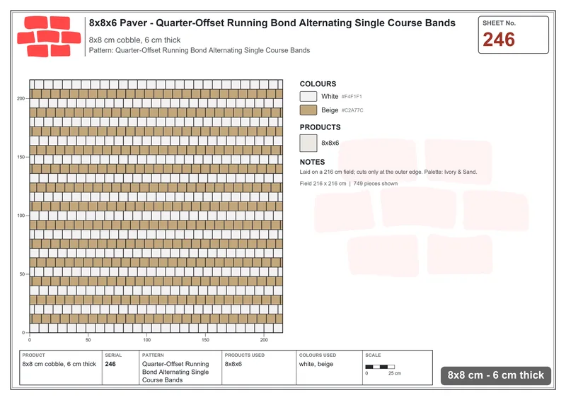 Interlock (Pasco) 8x8 cm · SQ88-246 · Quarter-Offset Running Bond Alternating Single Course Bands · Laying plan Interlock (Pasco) 8x8 cm · SQ88-246 · Quarter-Offset Running Bond Alternating Single Course Bands · Laying plan