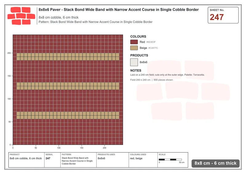 Interlock (Pasco) 8x8 cm · SQ88-247 · Stack Bond Wide Band with Narrow Accent Course in Single Cobble Border · Laying plan Interlock (Pasco) 8x8 cm · SQ88-247 · Stack Bond Wide Band with Narrow Accent Course in Single Cobble Border · Laying plan