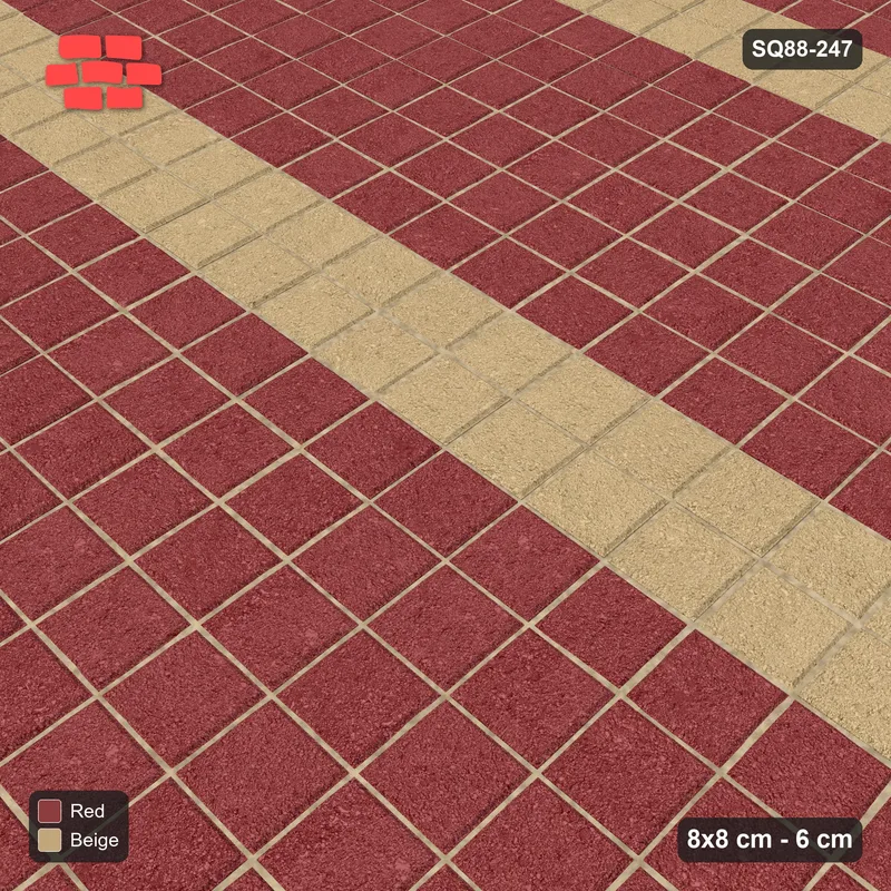 Interlock (Pasco) 8x8 cm · SQ88-247 · Stack Bond Wide Band with Narrow Accent Course in Single Cobble Border · Side view Interlock (Pasco) 8x8 cm · SQ88-247 · Stack Bond Wide Band with Narrow Accent Course in Single Cobble Border · Side view