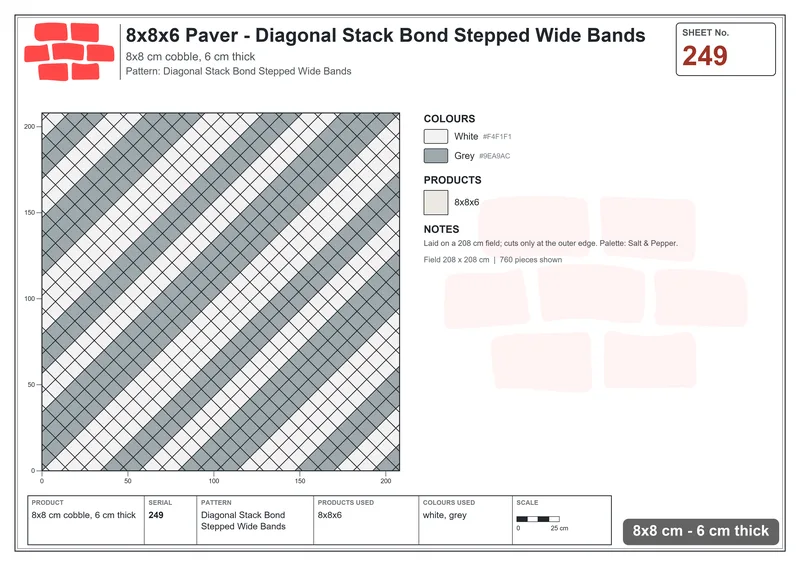 Interlock (Pasco) 8x8 cm · SQ88-249 · Diagonal Stack Bond Stepped Wide Bands · Laying plan Interlock (Pasco) 8x8 cm · SQ88-249 · Diagonal Stack Bond Stepped Wide Bands · Laying plan