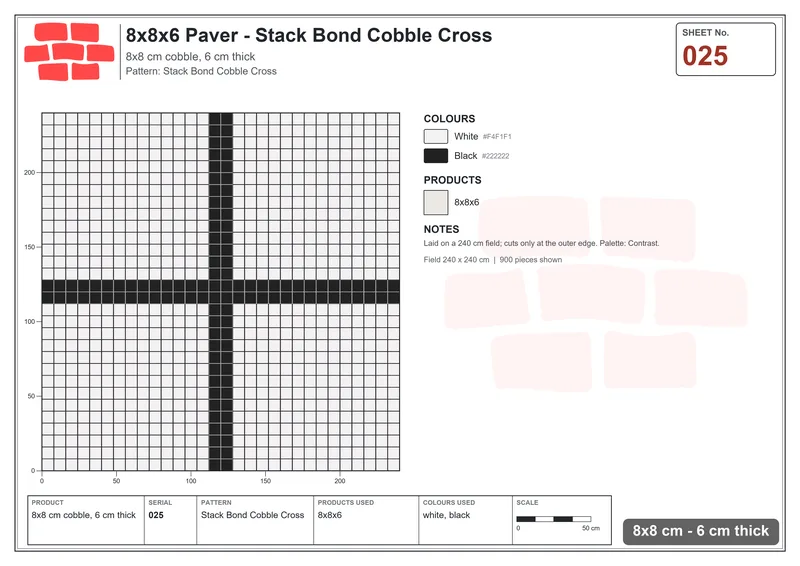 Interlock (Pasco) 8x8 cm · SQ88-25 · Stack Bond Cobble Cross · Laying plan Interlock (Pasco) 8x8 cm · SQ88-25 · Stack Bond Cobble Cross · Laying plan