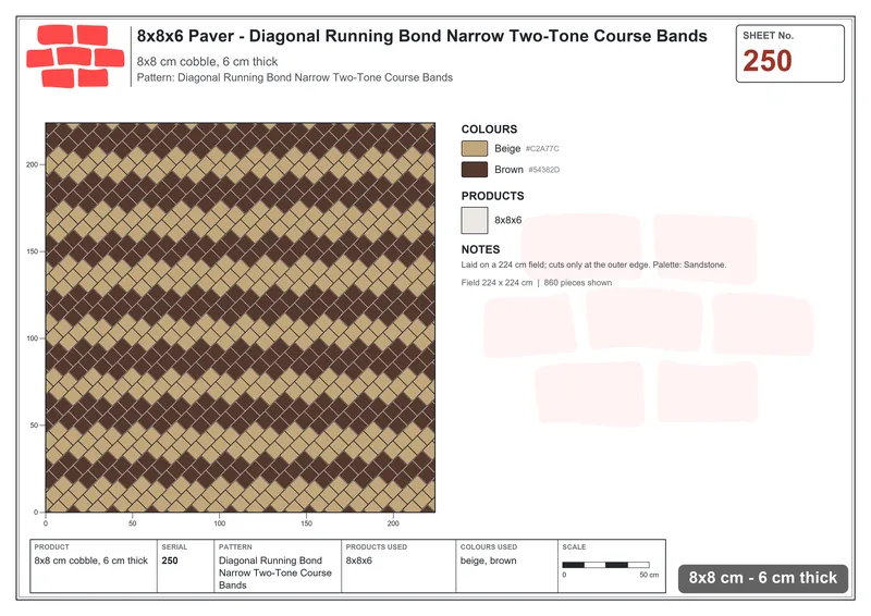 Interlock (Pasco) 8x8 cm · SQ88-250 · Diagonal Running Bond Narrow Two-Tone Course Bands · Laying plan Interlock (Pasco) 8x8 cm · SQ88-250 · Diagonal Running Bond Narrow Two-Tone Course Bands · Laying plan