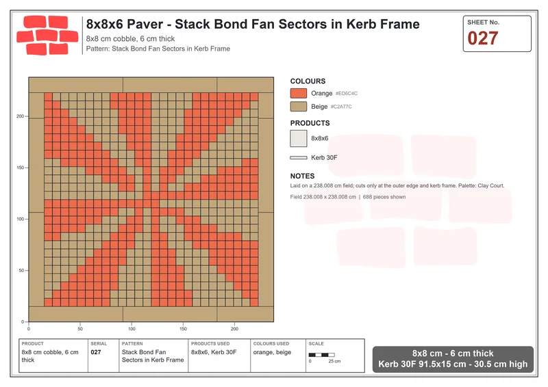 Interlock (Pasco) 8x8 cm · SQ88-27 · Stack Bond Fan Sectors in Kerb Frame · Laying plan Interlock (Pasco) 8x8 cm · SQ88-27 · Stack Bond Fan Sectors in Kerb Frame · Laying plan