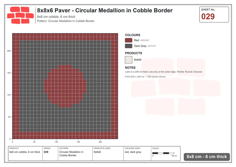 Interlock (Pasco) 8x8 cm · SQ88-29 · Circular Medallion in Cobble Border · Laying plan Interlock (Pasco) 8x8 cm · SQ88-29 · Circular Medallion in Cobble Border · Laying plan