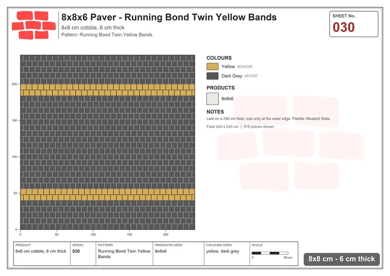Interlock (Pasco) 8x8 cm · SQ88-30 · Running Bond Twin Yellow Bands · Laying plan Interlock (Pasco) 8x8 cm · SQ88-30 · Running Bond Twin Yellow Bands · Laying plan