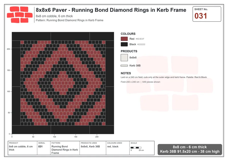 Interlock (Pasco) 8x8 cm · SQ88-31 · Running Bond Diamond Rings in Kerb Frame · Laying plan Interlock (Pasco) 8x8 cm · SQ88-31 · Running Bond Diamond Rings in Kerb Frame · Laying plan