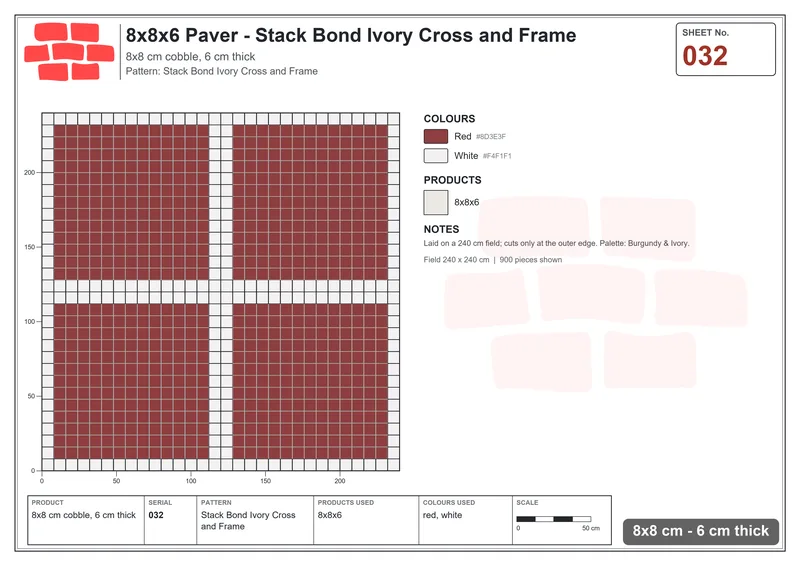 Interlock (Pasco) 8x8 cm · SQ88-32 · Stack Bond Ivory Cross and Frame · Laying plan Interlock (Pasco) 8x8 cm · SQ88-32 · Stack Bond Ivory Cross and Frame · Laying plan