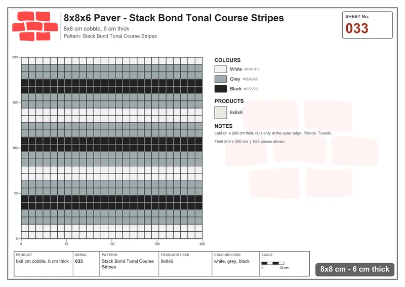 Interlock (Pasco) 8x8 cm · SQ88-33 · Stack Bond Tonal Course Stripes · Laying plan Interlock (Pasco) 8x8 cm · SQ88-33 · Stack Bond Tonal Course Stripes · Laying plan