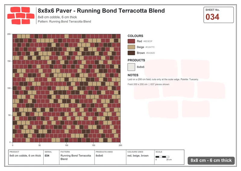 Interlock (Pasco) 8x8 cm · SQ88-34 · Running Bond Terracotta Blend · Laying plan Interlock (Pasco) 8x8 cm · SQ88-34 · Running Bond Terracotta Blend · Laying plan