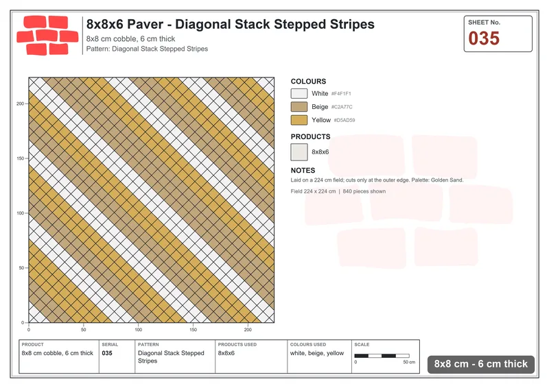 Interlock (Pasco) 8x8 cm · SQ88-35 · Diagonal Stack Stepped Stripes · Laying plan Interlock (Pasco) 8x8 cm · SQ88-35 · Diagonal Stack Stepped Stripes · Laying plan