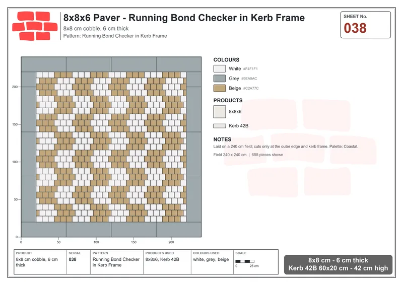 Interlock (Pasco) 8x8 cm · SQ88-38 · Running Bond Checker in Kerb Frame · Laying plan Interlock (Pasco) 8x8 cm · SQ88-38 · Running Bond Checker in Kerb Frame · Laying plan
