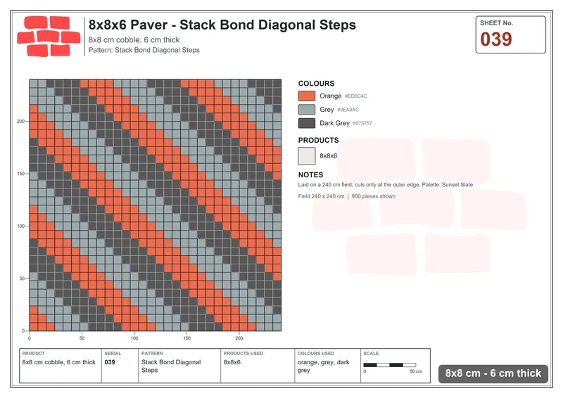 Interlock (Pasco) 8x8 cm · SQ88-39 · Stack Bond Diagonal Steps · Laying plan Interlock (Pasco) 8x8 cm · SQ88-39 · Stack Bond Diagonal Steps · Laying plan