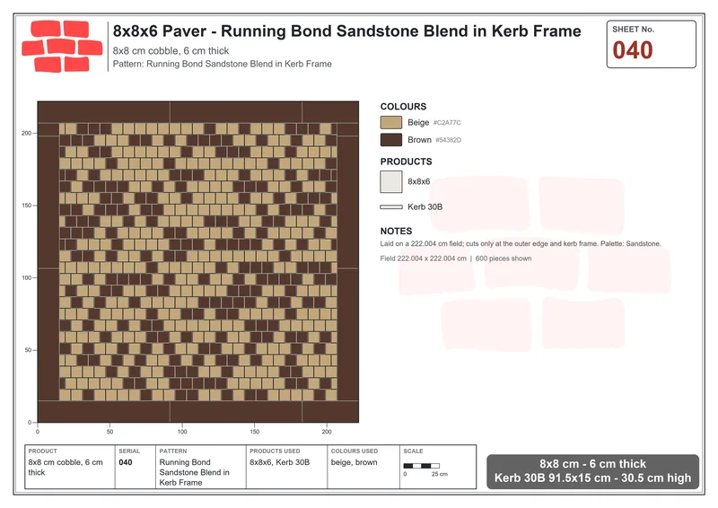 Interlock (Pasco) 8x8 cm · SQ88-40 · Running Bond Sandstone Blend in Kerb Frame · Laying plan Interlock (Pasco) 8x8 cm · SQ88-40 · Running Bond Sandstone Blend in Kerb Frame · Laying plan