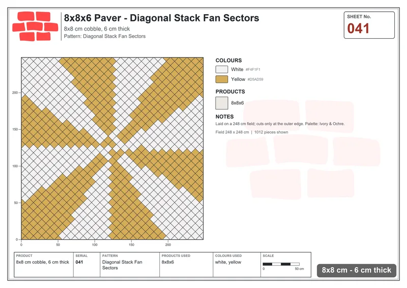 Interlock (Pasco) 8x8 cm · SQ88-41 · Diagonal Stack Fan Sectors · Laying plan Interlock (Pasco) 8x8 cm · SQ88-41 · Diagonal Stack Fan Sectors · Laying plan