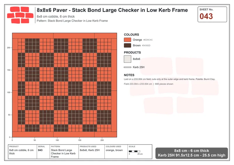 Interlock (Pasco) 8x8 cm · SQ88-43 · Stack Bond Large Checker in Low Kerb Frame · Laying plan Interlock (Pasco) 8x8 cm · SQ88-43 · Stack Bond Large Checker in Low Kerb Frame · Laying plan