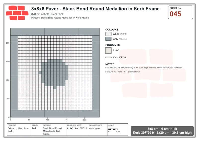 Interlock (Pasco) 8x8 cm · SQ88-45 · Stack Bond Round Medallion in Kerb Frame · Laying plan Interlock (Pasco) 8x8 cm · SQ88-45 · Stack Bond Round Medallion in Kerb Frame · Laying plan
