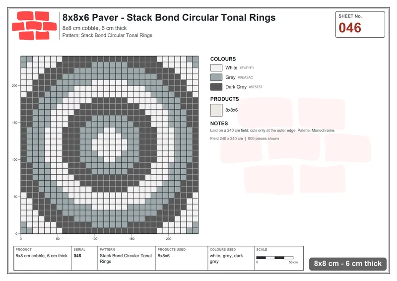 Interlock (Pasco) 8x8 cm · SQ88-46 · Stack Bond Circular Tonal Rings · Laying plan Interlock (Pasco) 8x8 cm · SQ88-46 · Stack Bond Circular Tonal Rings · Laying plan