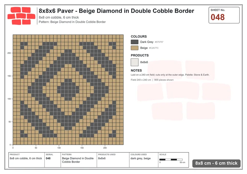 Interlock (Pasco) 8x8 cm · SQ88-48 · Beige Diamond in Double Cobble Border · Laying plan Interlock (Pasco) 8x8 cm · SQ88-48 · Beige Diamond in Double Cobble Border · Laying plan
