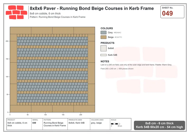 Interlock (Pasco) 8x8 cm · SQ88-49 · Running Bond Beige Courses in Kerb Frame · Laying plan Interlock (Pasco) 8x8 cm · SQ88-49 · Running Bond Beige Courses in Kerb Frame · Laying plan
