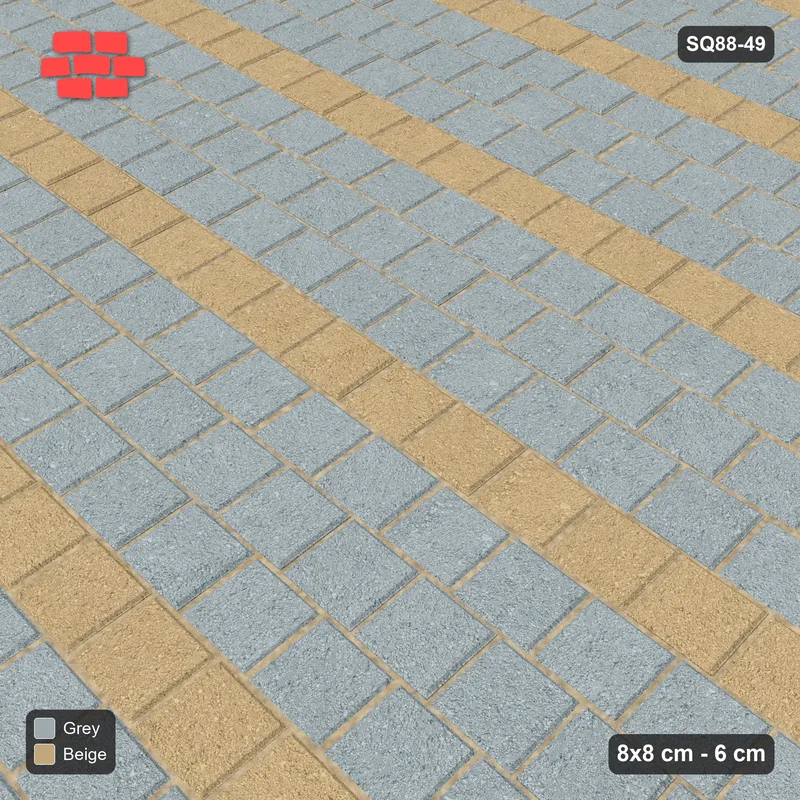 Interlock (Pasco) 8x8 cm · SQ88-49 · Running Bond Beige Courses in Kerb Frame · Side view Interlock (Pasco) 8x8 cm · SQ88-49 · Running Bond Beige Courses in Kerb Frame · Side view