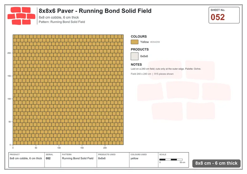 Interlock (Pasco) 8x8 cm · SQ88-52 · Running Bond Solid Field · Laying plan Interlock (Pasco) 8x8 cm · SQ88-52 · Running Bond Solid Field · Laying plan