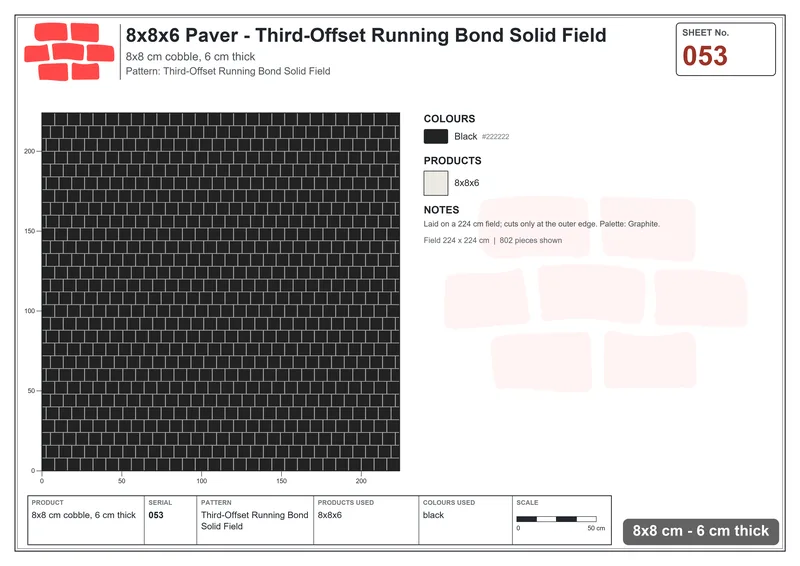 Interlock (Pasco) 8x8 cm · SQ88-53 · Third-Offset Running Bond Solid Field · Laying plan Interlock (Pasco) 8x8 cm · SQ88-53 · Third-Offset Running Bond Solid Field · Laying plan