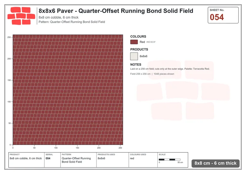 Interlock (Pasco) 8x8 cm · SQ88-54 · Quarter-Offset Running Bond Solid Field · Laying plan Interlock (Pasco) 8x8 cm · SQ88-54 · Quarter-Offset Running Bond Solid Field · Laying plan