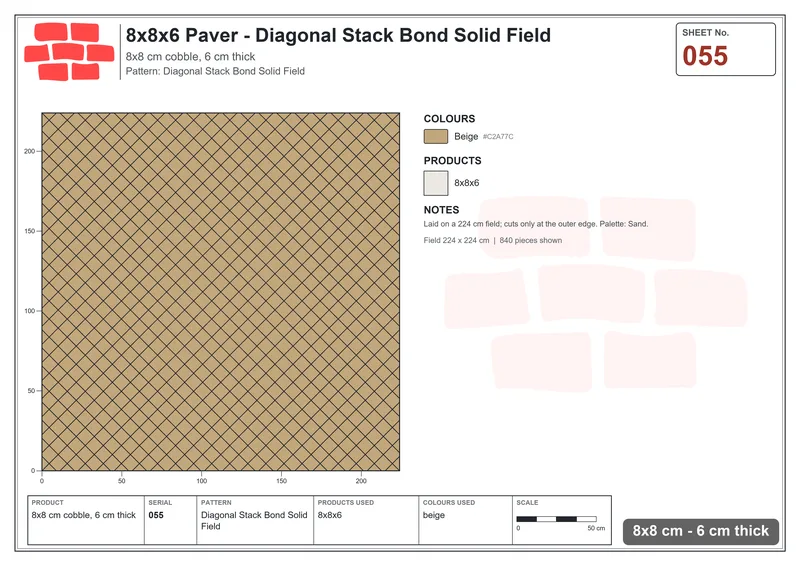 Interlock (Pasco) 8x8 cm · SQ88-55 · Diagonal Stack Bond Solid Field · Laying plan Interlock (Pasco) 8x8 cm · SQ88-55 · Diagonal Stack Bond Solid Field · Laying plan
