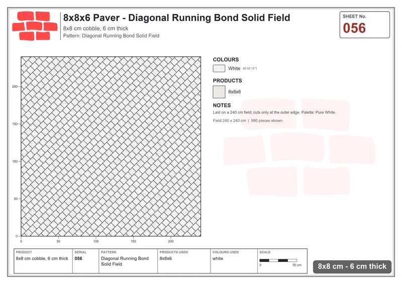 Interlock (Pasco) 8x8 cm · SQ88-56 · Diagonal Running Bond Solid Field · Laying plan Interlock (Pasco) 8x8 cm · SQ88-56 · Diagonal Running Bond Solid Field · Laying plan