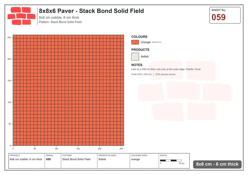 Interlock (Pasco) 8x8 cm · SQ88-59 · Stack Bond Solid Field · Laying plan Interlock (Pasco) 8x8 cm · SQ88-59 · Stack Bond Solid Field · Laying plan