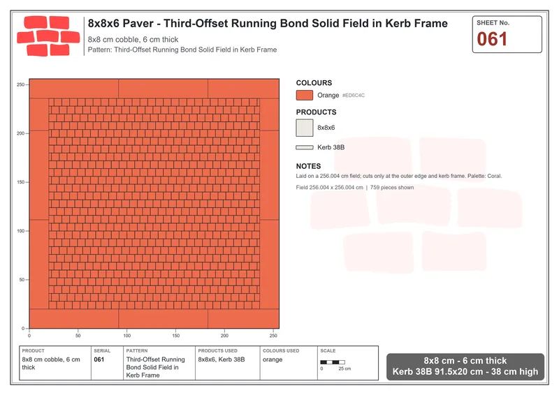 Interlock (Pasco) 8x8 cm · SQ88-61 · Third-Offset Running Bond Solid Field in Kerb Frame · Laying plan Interlock (Pasco) 8x8 cm · SQ88-61 · Third-Offset Running Bond Solid Field in Kerb Frame · Laying plan