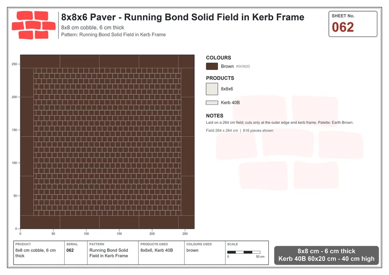 Interlock (Pasco) 8x8 cm · SQ88-62 · Running Bond Solid Field in Kerb Frame · Laying plan Interlock (Pasco) 8x8 cm · SQ88-62 · Running Bond Solid Field in Kerb Frame · Laying plan