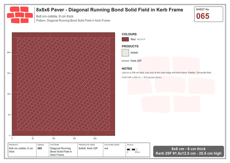 Interlock (Pasco) 8x8 cm · SQ88-65 · Diagonal Running Bond Solid Field in Kerb Frame · Laying plan Interlock (Pasco) 8x8 cm · SQ88-65 · Diagonal Running Bond Solid Field in Kerb Frame · Laying plan