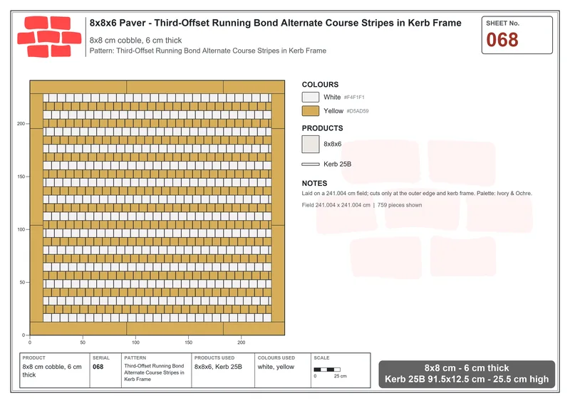 Interlock (Pasco) 8x8 cm · SQ88-68 · Third-Offset Running Bond Alternate Course Stripes in Kerb Frame · Laying plan Interlock (Pasco) 8x8 cm · SQ88-68 · Third-Offset Running Bond Alternate Course Stripes in Kerb Frame · Laying plan