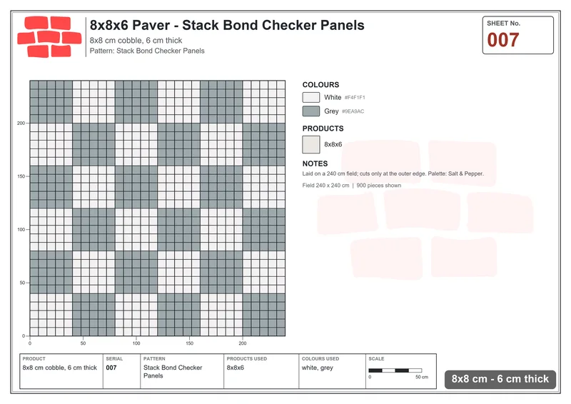 Interlock (Pasco) 8x8 cm · SQ88-7 · Stack Bond Checker Panels · Laying plan Interlock (Pasco) 8x8 cm · SQ88-7 · Stack Bond Checker Panels · Laying plan