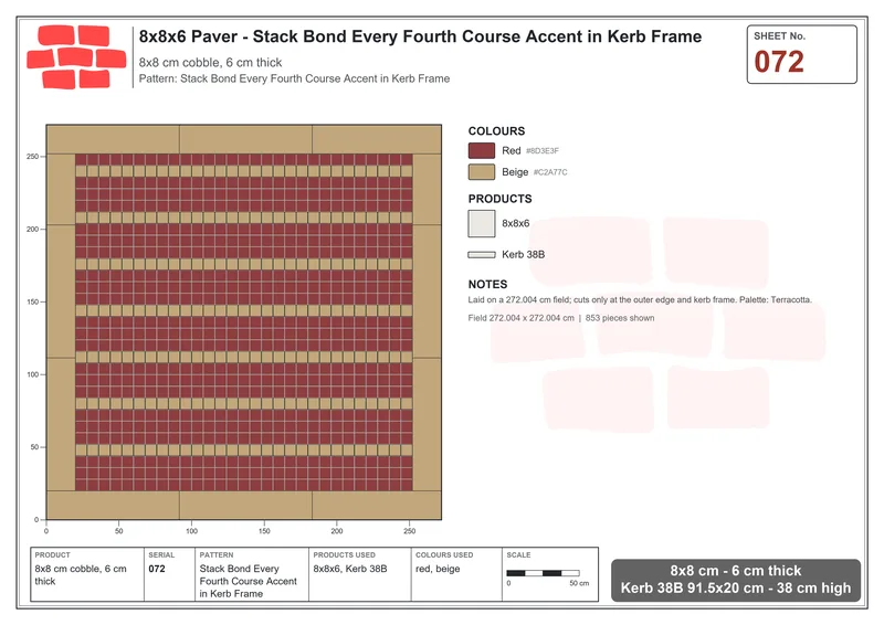Interlock (Pasco) 8x8 cm · SQ88-72 · Stack Bond Every Fourth Course Accent in Kerb Frame · Laying plan Interlock (Pasco) 8x8 cm · SQ88-72 · Stack Bond Every Fourth Course Accent in Kerb Frame · Laying plan