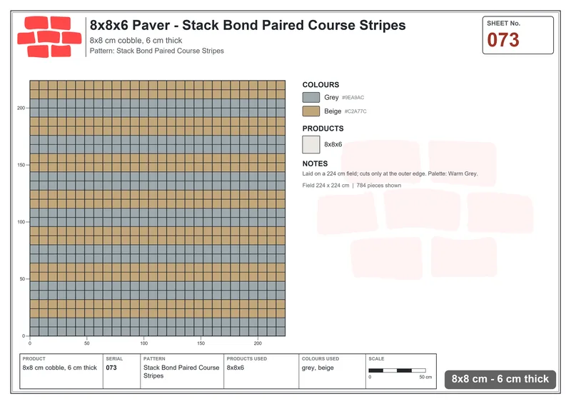 Interlock (Pasco) 8x8 cm · SQ88-73 · Stack Bond Paired Course Stripes · Laying plan Interlock (Pasco) 8x8 cm · SQ88-73 · Stack Bond Paired Course Stripes · Laying plan