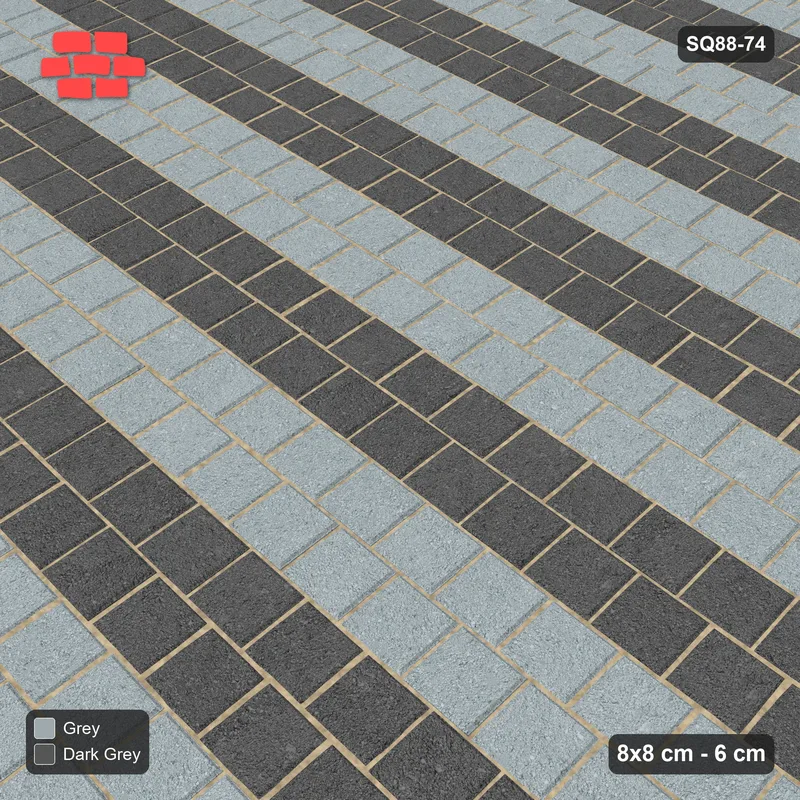 Interlock (Pasco) 8x8 cm · SQ88-74 · Running Bond Paired Course Stripes · Side view Interlock (Pasco) 8x8 cm · SQ88-74 · Running Bond Paired Course Stripes · Side view