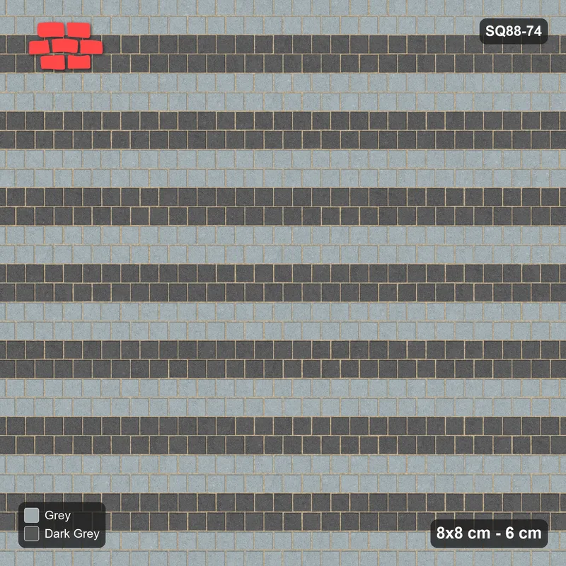 Interlock (Pasco) 8x8 cm · SQ88-74 · Running Bond Paired Course Stripes · Top view Interlock (Pasco) 8x8 cm · SQ88-74 · Running Bond Paired Course Stripes · Top view