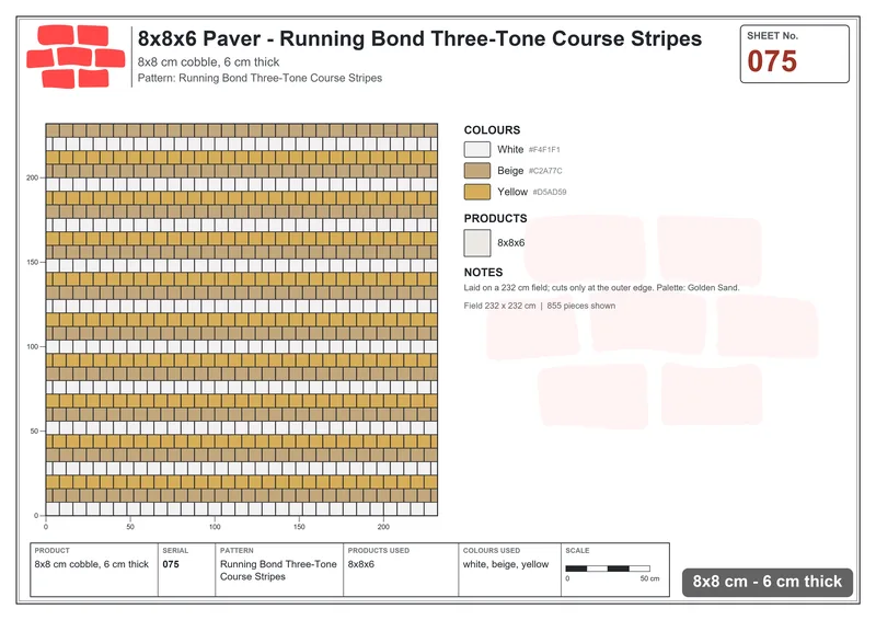 Interlock (Pasco) 8x8 cm · SQ88-75 · Running Bond Three-Tone Course Stripes · Laying plan Interlock (Pasco) 8x8 cm · SQ88-75 · Running Bond Three-Tone Course Stripes · Laying plan