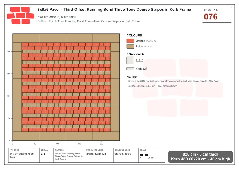 Interlock (Pasco) 8x8 cm · SQ88-76 · Third-Offset Running Bond Three-Tone Course Stripes in Kerb Frame · Laying plan Interlock (Pasco) 8x8 cm · SQ88-76 · Third-Offset Running Bond Three-Tone Course Stripes in Kerb Frame · Laying plan
