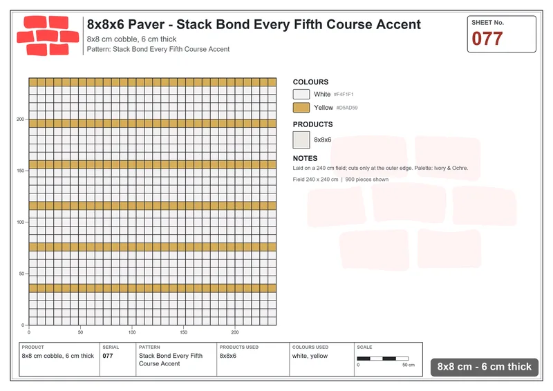 Interlock (Pasco) 8x8 cm · SQ88-77 · Stack Bond Every Fifth Course Accent · Laying plan Interlock (Pasco) 8x8 cm · SQ88-77 · Stack Bond Every Fifth Course Accent · Laying plan