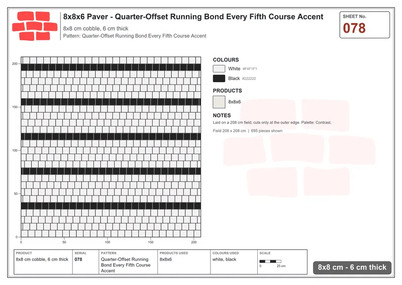 Interlock (Pasco) 8x8 cm · SQ88-78 · Quarter-Offset Running Bond Every Fifth Course Accent · Laying plan Interlock (Pasco) 8x8 cm · SQ88-78 · Quarter-Offset Running Bond Every Fifth Course Accent · Laying plan