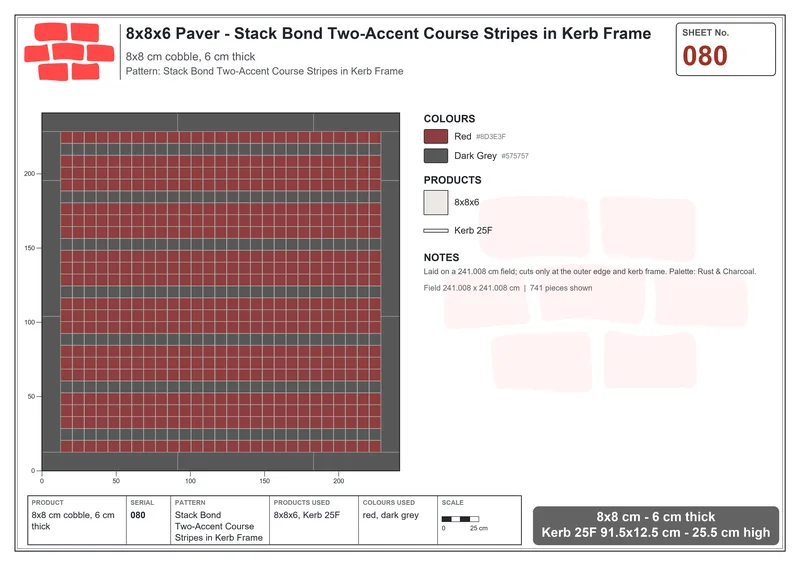 Interlock (Pasco) 8x8 cm · SQ88-80 · Stack Bond Two-Accent Course Stripes in Kerb Frame · Laying plan Interlock (Pasco) 8x8 cm · SQ88-80 · Stack Bond Two-Accent Course Stripes in Kerb Frame · Laying plan
