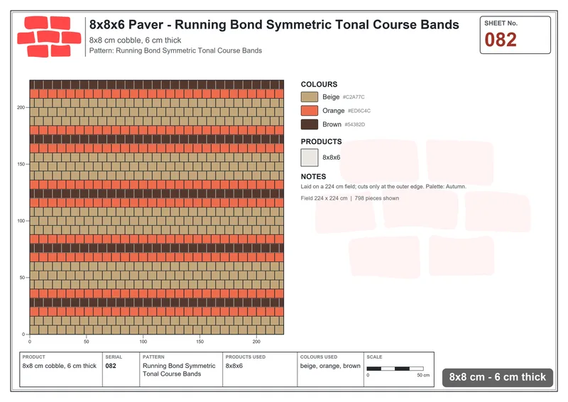 Interlock (Pasco) 8x8 cm · SQ88-82 · Running Bond Symmetric Tonal Course Bands · Laying plan Interlock (Pasco) 8x8 cm · SQ88-82 · Running Bond Symmetric Tonal Course Bands · Laying plan