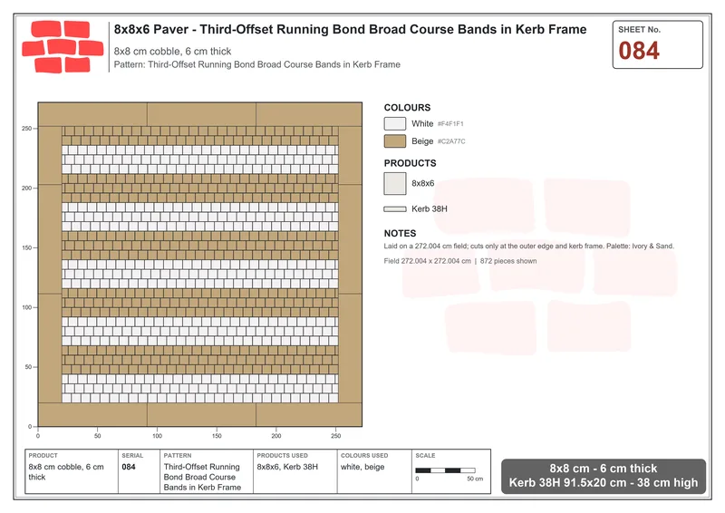 Interlock (Pasco) 8x8 cm · SQ88-84 · Third-Offset Running Bond Broad Course Bands in Kerb Frame · Laying plan Interlock (Pasco) 8x8 cm · SQ88-84 · Third-Offset Running Bond Broad Course Bands in Kerb Frame · Laying plan
