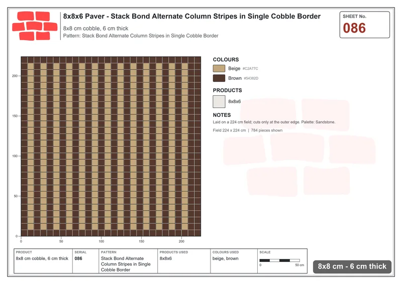 Interlock (Pasco) 8x8 cm · SQ88-86 · Stack Bond Alternate Column Stripes in Single Cobble Border · Laying plan Interlock (Pasco) 8x8 cm · SQ88-86 · Stack Bond Alternate Column Stripes in Single Cobble Border · Laying plan