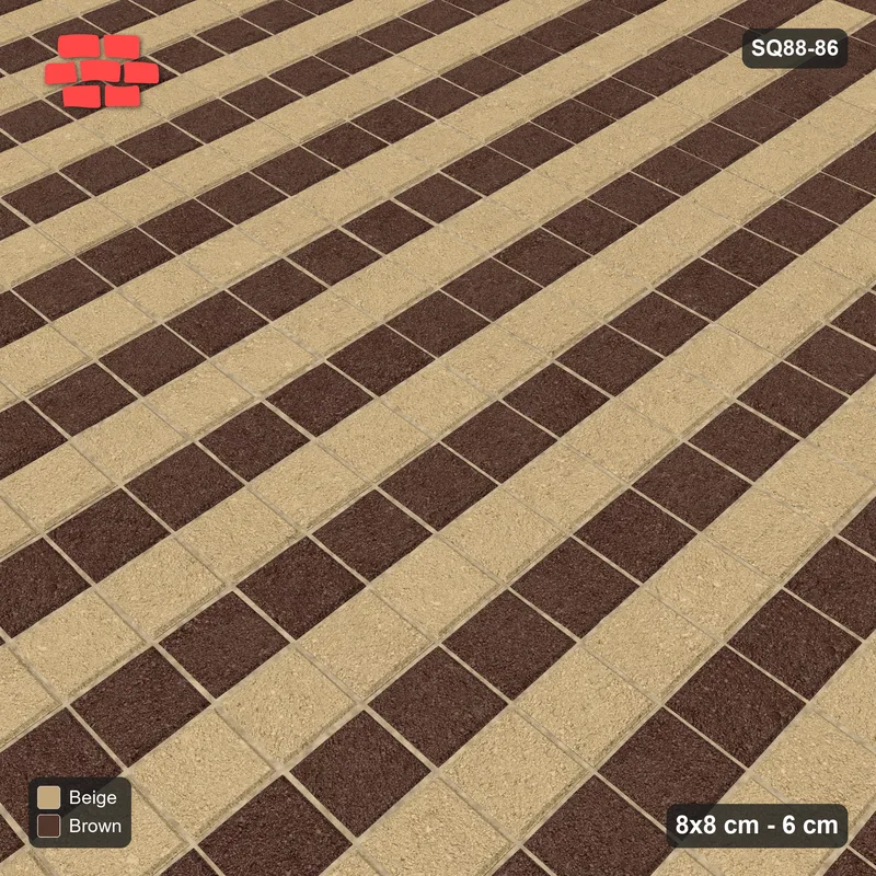 Interlock (Pasco) 8x8 cm · SQ88-86 · Stack Bond Alternate Column Stripes in Single Cobble Border · Side view Interlock (Pasco) 8x8 cm · SQ88-86 · Stack Bond Alternate Column Stripes in Single Cobble Border · Side view