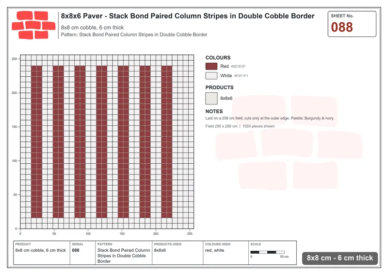 Interlock (Pasco) 8x8 cm · SQ88-88 · Stack Bond Paired Column Stripes in Double Cobble Border · Laying plan Interlock (Pasco) 8x8 cm · SQ88-88 · Stack Bond Paired Column Stripes in Double Cobble Border · Laying plan